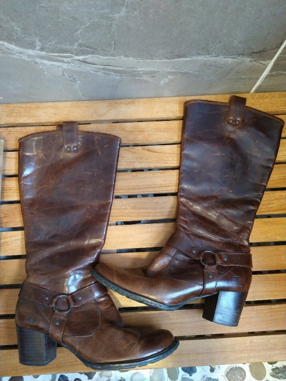 Børn "Susanne" Brown Distressed Leather Harness Tall Riding Boots (Size 8.5)